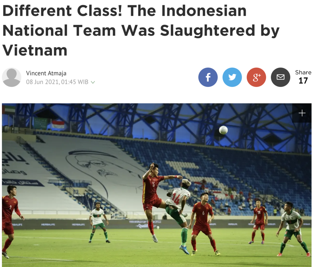 Tiêu đề bài tổng hợp sau trận của báo Indonesia Bola: "Chênh lệch đẳng cấp, Indonesia bị Việt Nam thảm sát. Ảnh chụp màn hình.