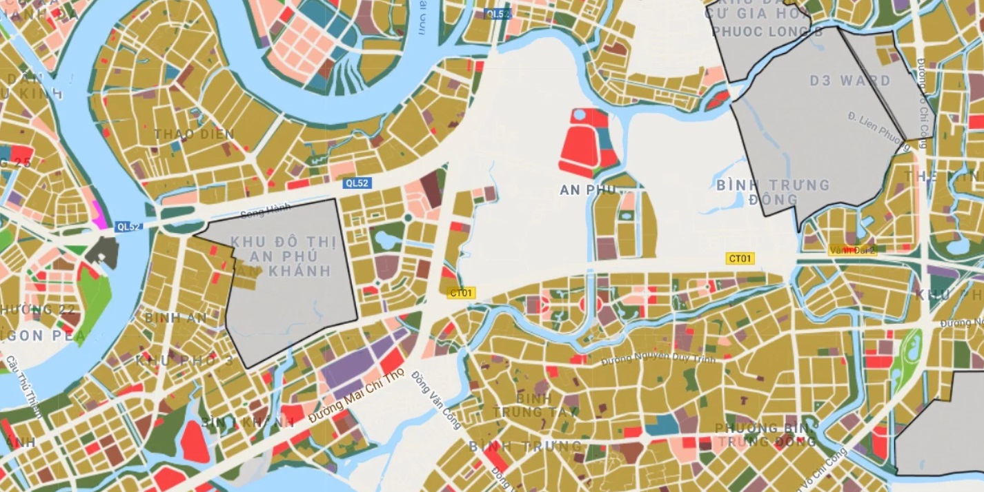 Quy hoạch giao thông phường An Phú trên bản đồ quy hoạch phân khu tỷ lệ 1/2000. Trong ảnh, các đường kẻ màu trắng là các đường giao thông.