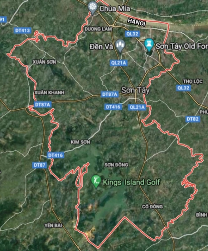 Thị xã Sơn Tây trên bản đồ Google vệ tinh.