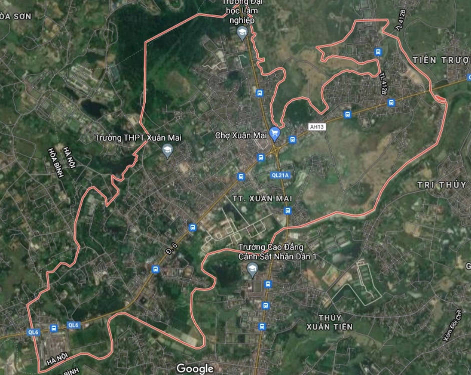 Thị trấn Xuân Mai trên bản đồ Google vệ tinh.
