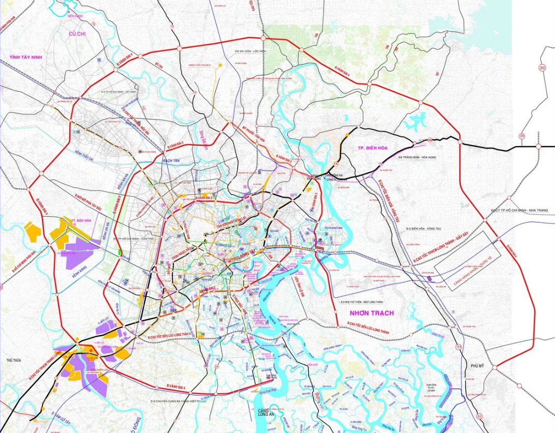 Bản đồ mạng lưới quy hoạch đường giao thông đường bộ, đường thủy, đường sắt khu vực thành phố Hồ Chí Minh đến năm 2020 và tầm nhìn sau năm 2020. Thời điểm lập quy hoạch: năm 2017. Nguồn: Công ty CP tư vấn thiết kế giao thông vận tải phía Nam.