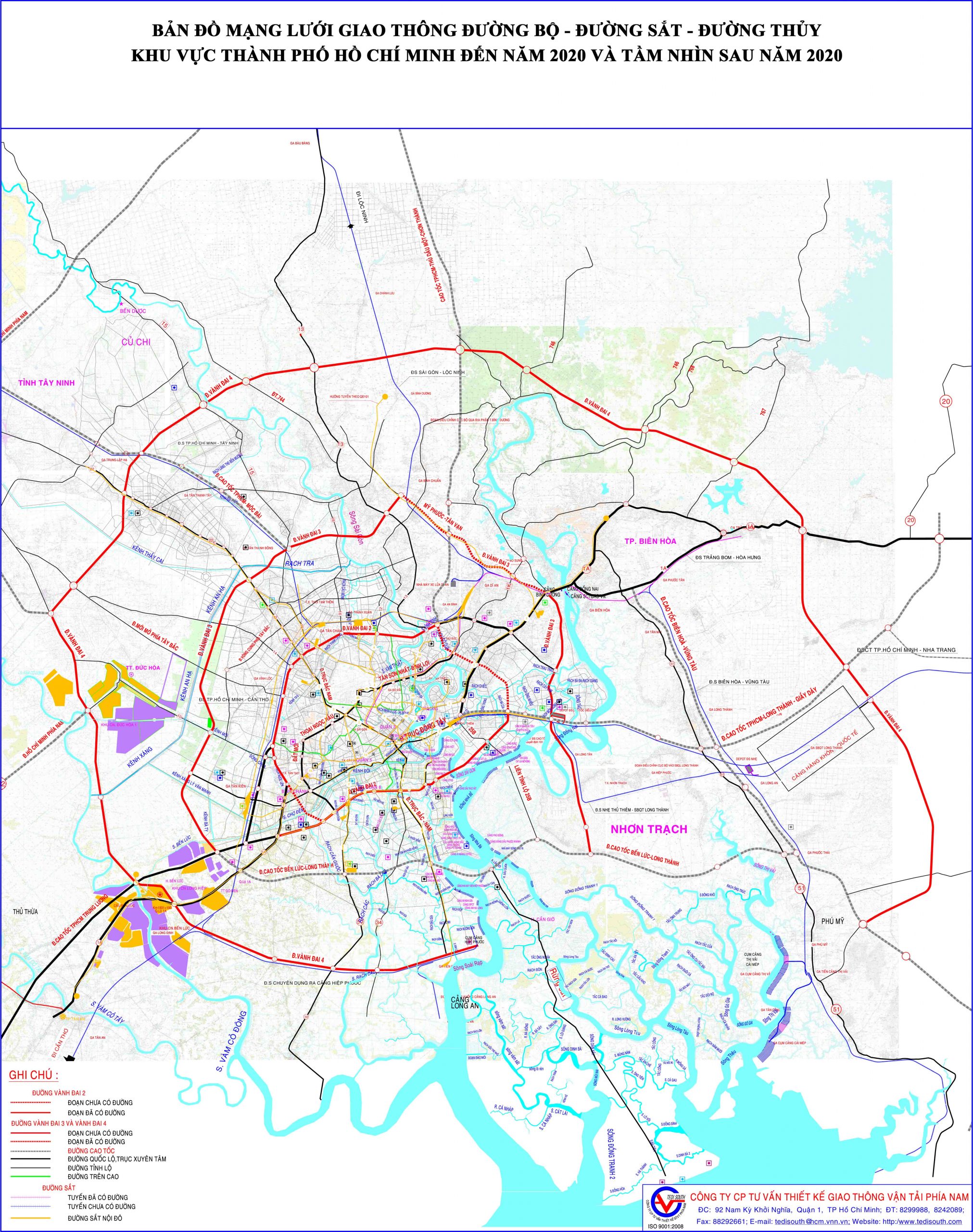 Bản đồ mạng lưới quy hoạch đường giao thông đường bộ, đường thủy, đường sắt khu vực thành phố Hồ Chí Minh đến năm 2020 và tầm nhìn sau năm 2020.