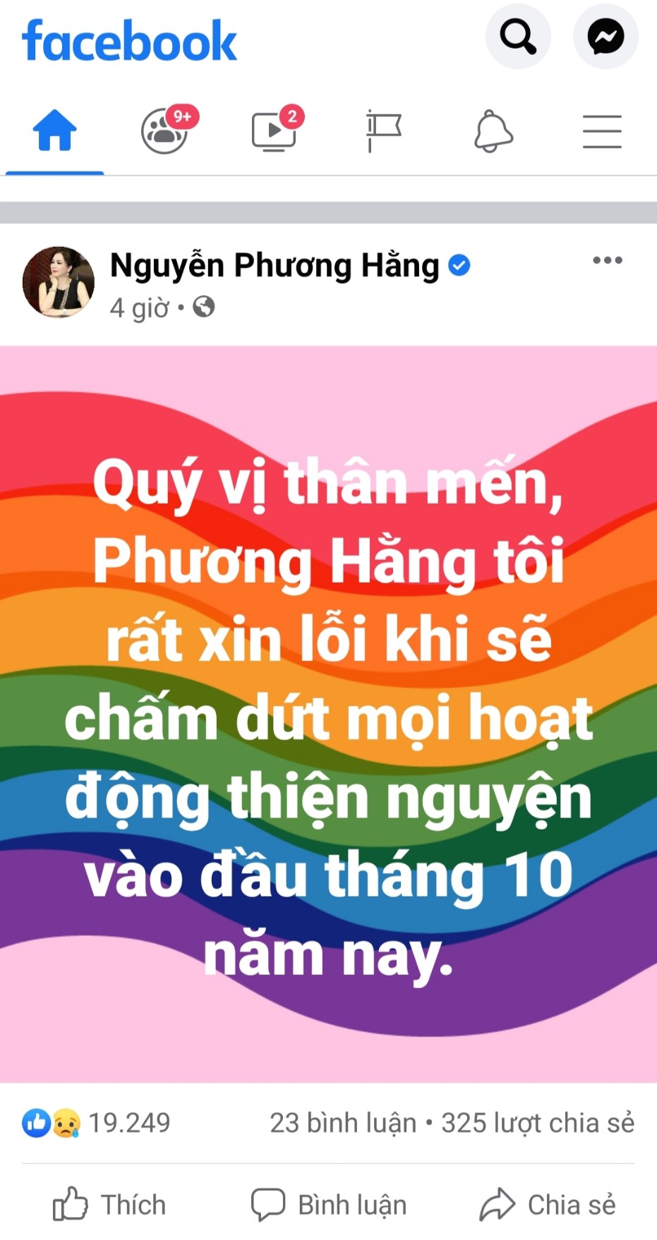 Thông báo từ facebook cá nhân của bà Nguyễn Phương Hằng