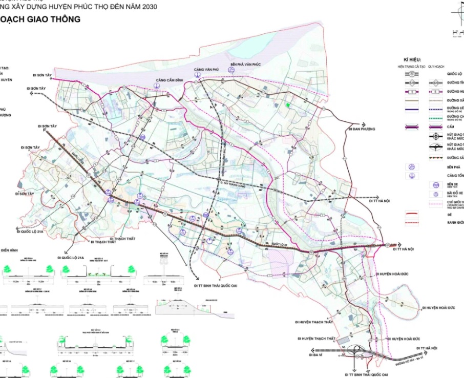 Bản đồ quy hoạch giao thông huyện Phúc Thọ theo Quy hoạch chung xây dựng huyện Phúc Thọ đến năm 2030.
