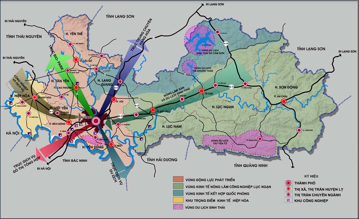 Bản đồ định hướng phát triển công nghiệp - Thương mại dịch vụ tỉnh Bắc Giang đến 2030.