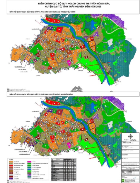 Bản đồ quy hoạch sử dụng đất thị trấn Hùng Sơn, trước và sau khi điều chỉnh