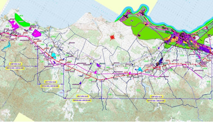 Bản đồ 4 gói thầu trong cao tốc Phan Thiết - Vĩnh Hảo.