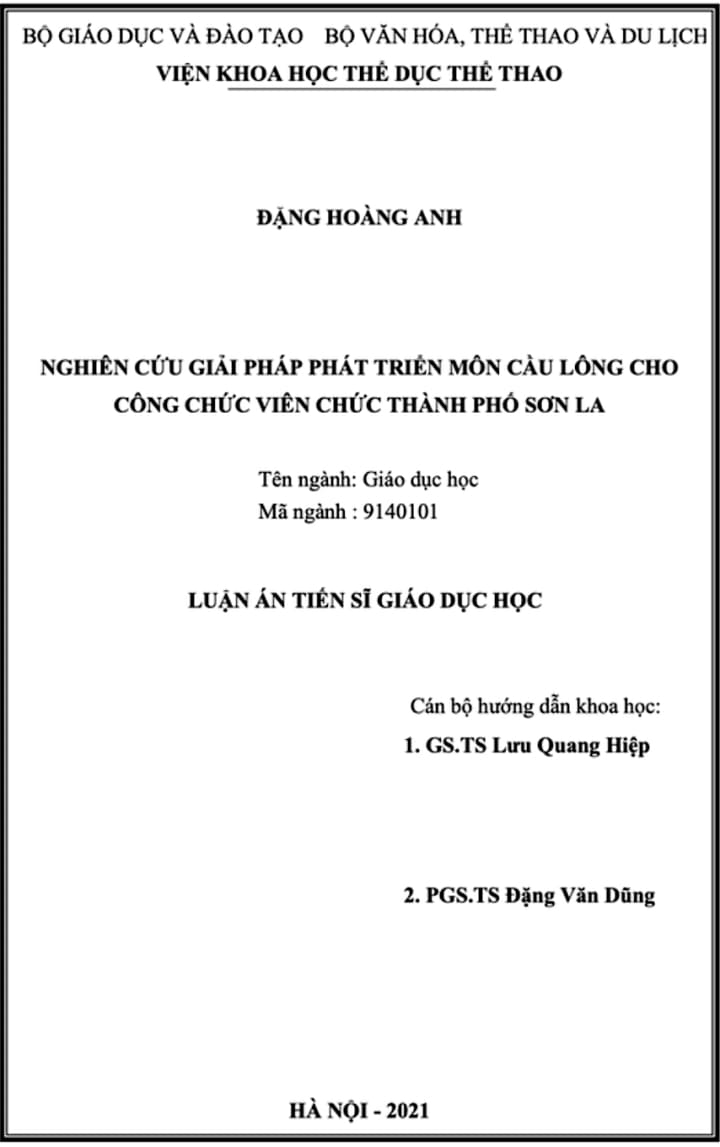 Trang bìa luận án "Nghiên cứu giải pháp phát triển môn cầu lông cho công chức viên chức thành phố Sơn La" của nghiên cứu sinh Đặng Hoàng Anh, bảo vệ thành công năm 2022.