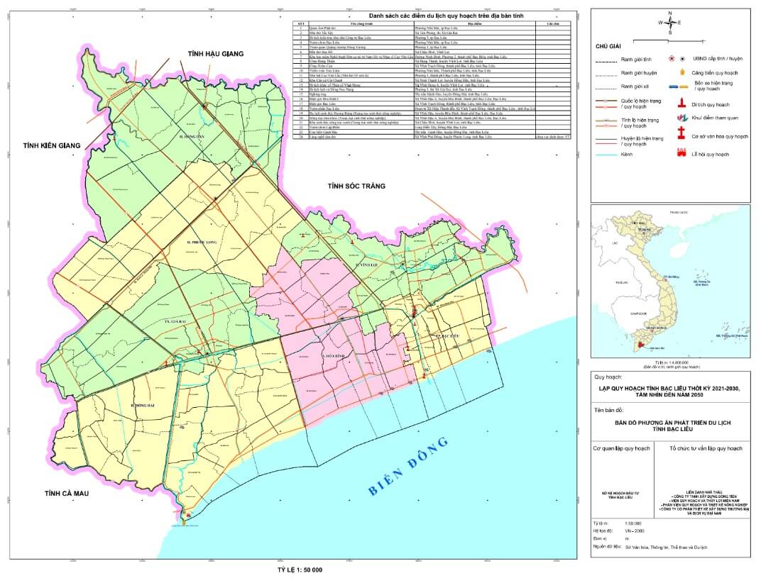 Bản đồ phương án quy hoạch phát triển du lịch tỉnh Bạc Liêu đến 2030